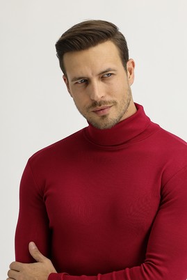 Erkek Giyim - Kırmızı L Beden Balıkçı Yaka Slim Fit Sweatshirt