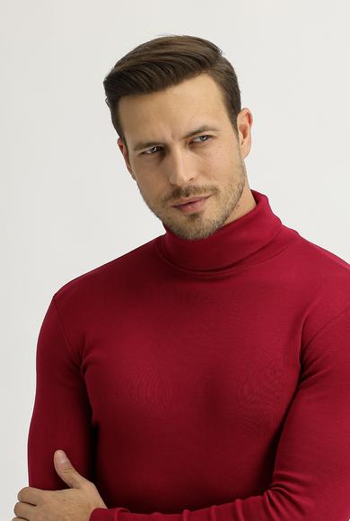 Erkek Giyim - Kırmızı XXL Beden Balıkçı Yaka Slim Fit Sweatshirt