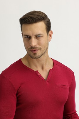Erkek Giyim - Kırmızı XL Beden V Yaka Slim Fit Sweatshirt