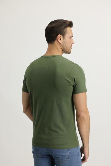 Erkek Giyim - ASKER HAKİ L Beden V Yaka Slim Fit Tişört
