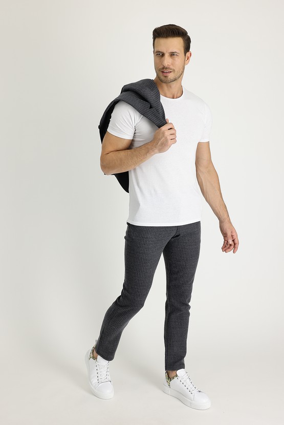 Erkek Giyim - Slim Fit Yünlü Beli Lastikli İpli Çizgili Pantolon