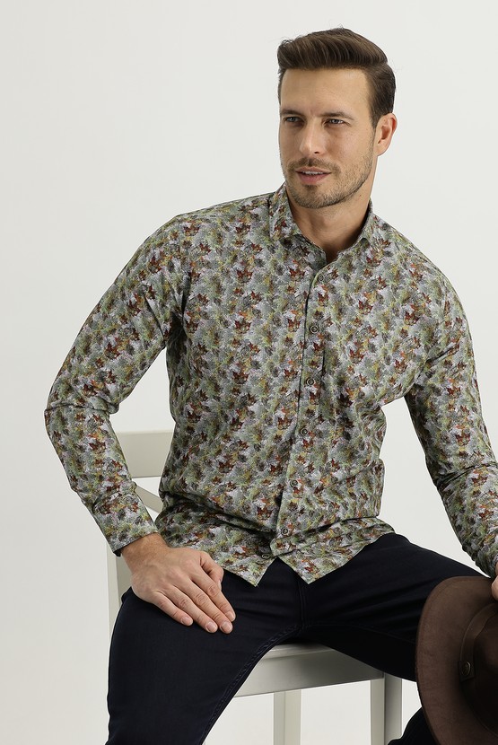 Erkek Giyim - Uzun Kol Yarım İtalyan Yaka Slim Fit Desenli Gömlek