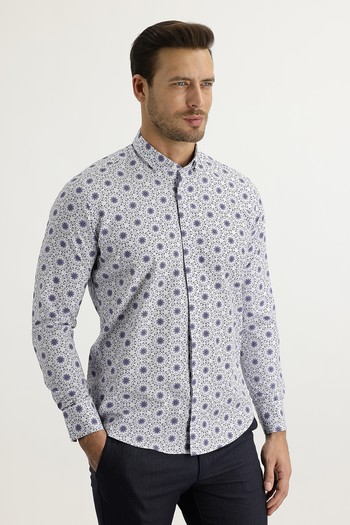 Erkek Giyim - Uzun Kol Alttan Brit Yaka Slim Fit Desenli Gömlek