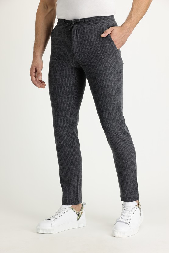 Erkek Giyim - Slim Fit Yünlü Beli Lastikli İpli Çizgili Pantolon