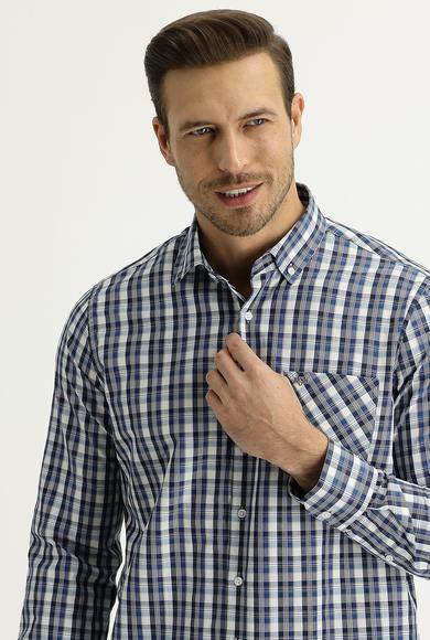 Erkek Giyim - MAVİ 3X Beden Uzun Kol Regular Fit Ekose Gömlek