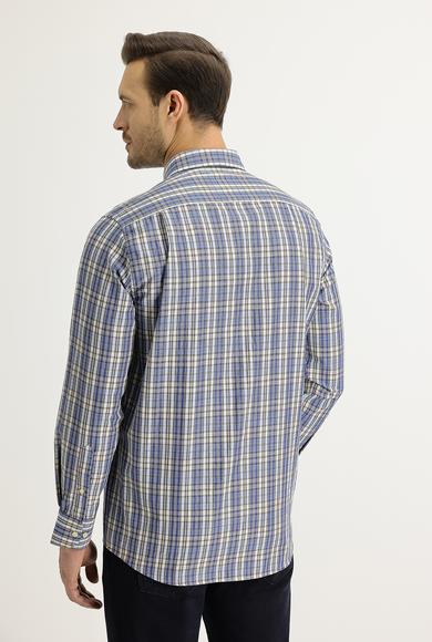 Erkek Giyim - AÇIK LACİVERT L Beden Uzun Kol Regular Fit Ekose Gömlek