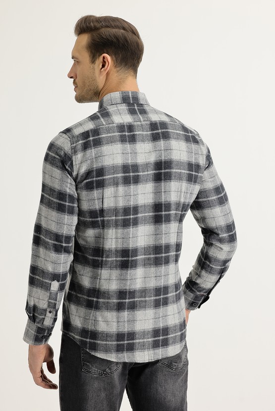 Erkek Giyim - Uzun Kol Slim Fit Ekose Oduncu Gömlek