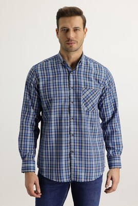 Erkek Giyim - GÖK MAVİSİ 3X Beden Uzun Kol Regular Fit Ekose Gömlek