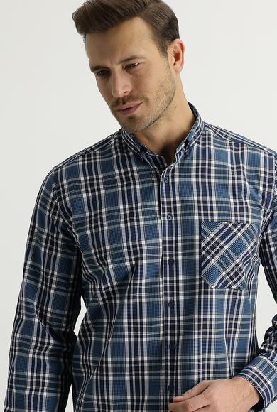 Erkek Giyim - PETROL YEŞİLİ M Beden Uzun Kol Regular Fit Ekose Gömlek