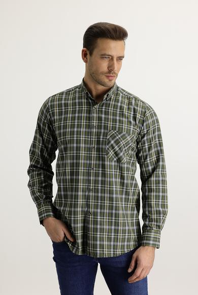 Erkek Giyim - ORTA HAKİ S Beden Uzun Kol Regular Fit Ekose Gömlek