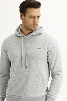 Erkek Giyim - ORTA GRİ MELANJ L Beden Kapüşonlu Nakışlı Sweatshirt