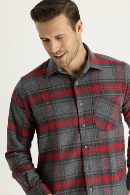 Erkek Giyim - ORTA FÜME XL Beden Uzun Kol Regular Fit Ekose Oduncu Gömlek