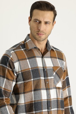 Erkek Giyim - AÇIK KAHVE 4X Beden Uzun Kol Regular Fit Ekose Oduncu Gömlek