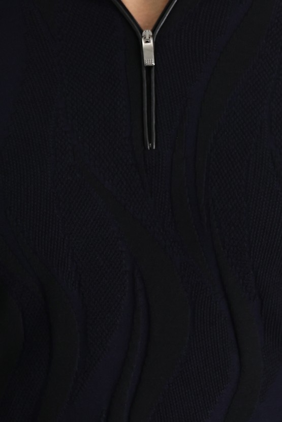 Erkek Giyim - Polo Yaka Fermuarlı Slim Fit Triko Kazak