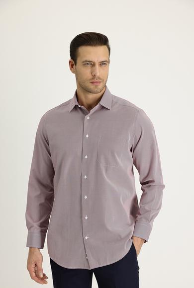 Erkek Giyim - KOYU KIRMIZI L Beden Uzun Kol Regular Fit Çizgili Gömlek