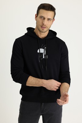 Erkek Giyim - SİYAH S Beden Kapüşonlu Baskılı Sweatshirt