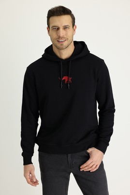 Erkek Giyim - SİYAH XXL Beden Kapüşonlu Nakışlı Sweatshirt
