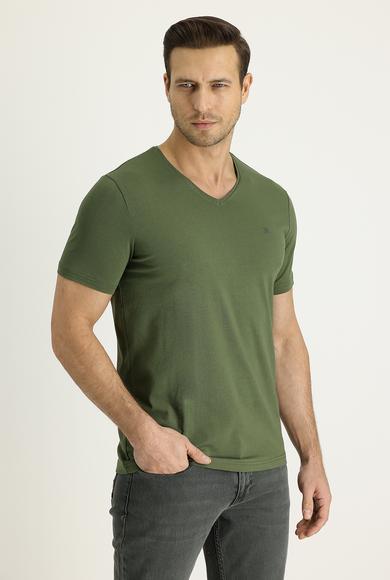 Erkek Giyim - ORTA HAKİ XL Beden V Yaka Slim Fit Nakışlı Tişört