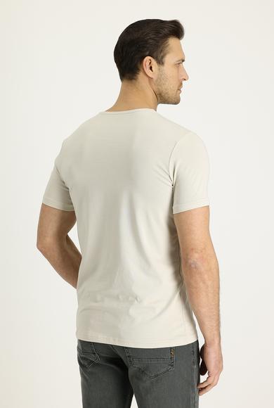 Erkek Giyim - AÇIK VİZON XXL Beden V Yaka Slim Fit Nakışlı Tişört