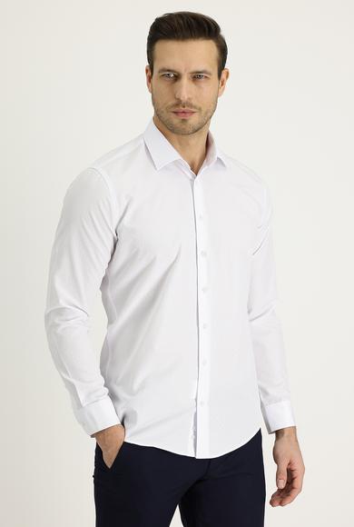 Erkek Giyim - BEYAZ XL Beden Uzun Kol Slim Fit Desenli Gömlek
