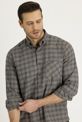 Erkek Giyim - AÇIK KAHVE M Beden Uzun Kol Regular Fit Ekose Gömlek