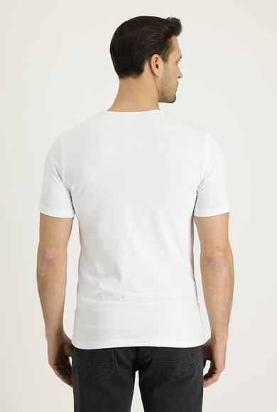 Erkek Giyim - BEYAZ XXL Beden V Yaka Slim Fit Nakışlı Tişört