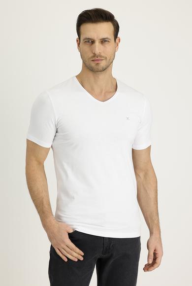 Erkek Giyim - BEYAZ L Beden V Yaka Slim Fit Nakışlı Tişört