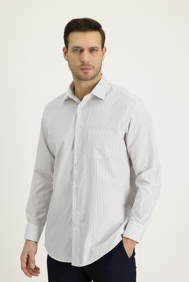 Erkek Giyim - AÇIK KAHVE 3X Beden Uzun Kol Çizgili Klasik Gömlek