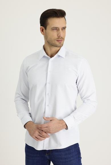Erkek Giyim - BEYAZ M Beden Uzun Kol Slim Fit Desenli Gömlek