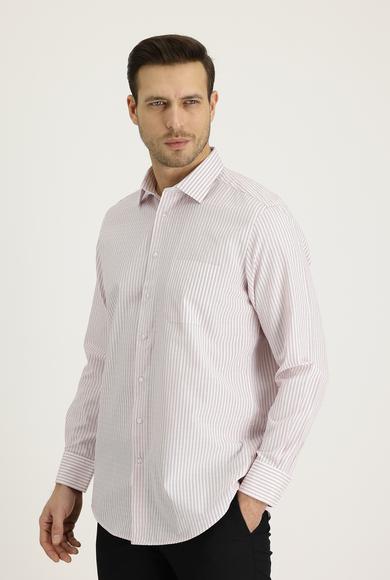 Erkek Giyim - AÇIK KIRMIZI 4X Beden Uzun Kol Çizgili Klasik Gömlek