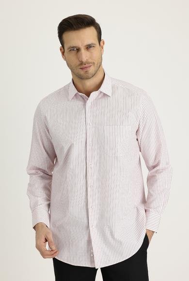 Erkek Giyim - AÇIK KIRMIZI 3X Beden Uzun Kol Klasik Çizgili Gömlek