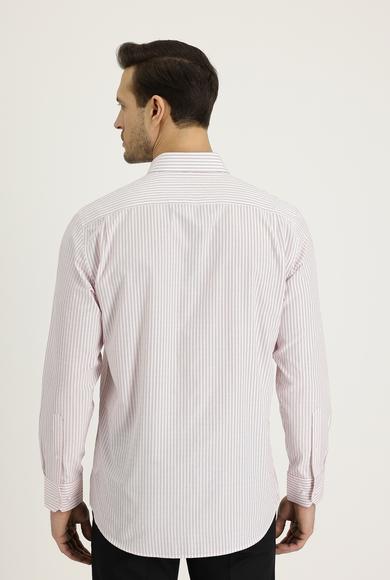 Erkek Giyim - AÇIK KIRMIZI 4X Beden Uzun Kol Çizgili Klasik Gömlek