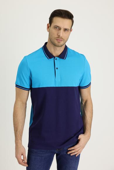 Erkek Giyim - MAVİ XL Beden Polo Yaka Slim Fit Desenli Tişört