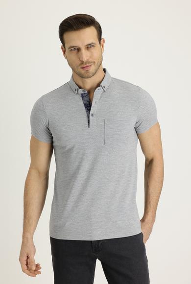 Erkek Giyim - ORTA GRİ MELANJ XL Beden Polo Yaka Slim Fit Desenli Tişört