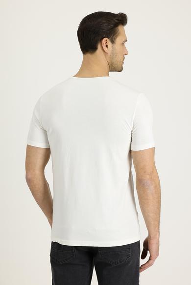 Erkek Giyim - EKRU XXL Beden V Yaka Slim Fit Nakışlı Tişört