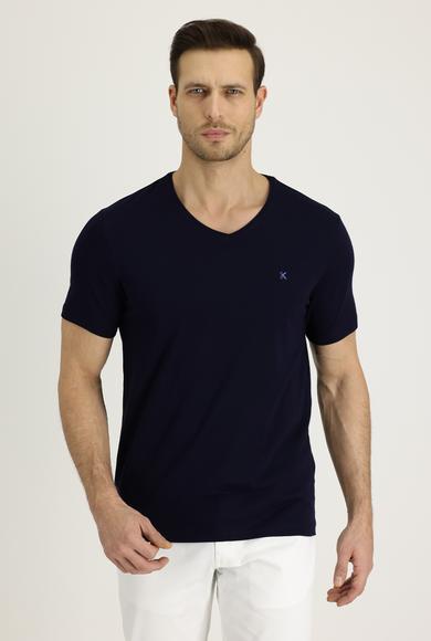 Erkek Giyim - SİYAH LACİVERT S Beden V Yaka Slim Fit Nakışlı Tişört