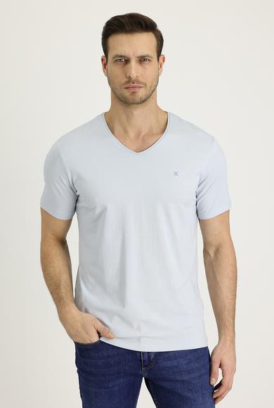 Erkek Giyim - AÇIK MAVİ XL Beden V Yaka Slim Fit Nakışlı Tişört