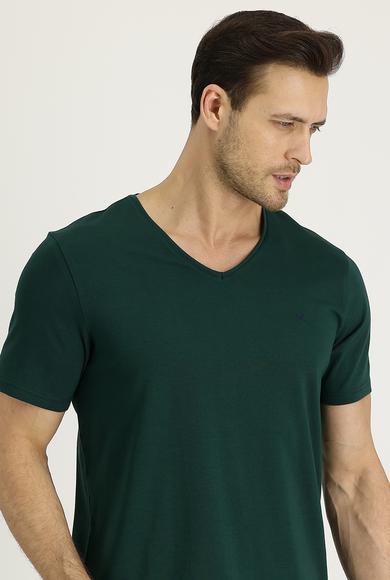 Erkek Giyim - KOYU YEŞİL XL Beden V Yaka Slim Fit Nakışlı Tişört