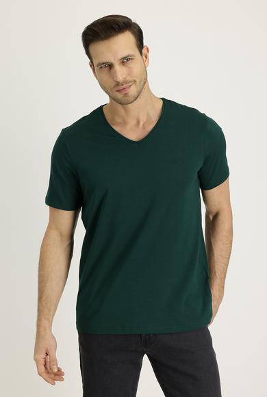Erkek Giyim - KOYU YEŞİL XL Beden V Yaka Slim Fit Nakışlı Tişört
