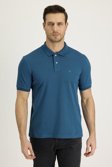 Erkek Giyim - ORTA PETROL XXL Beden Polo Yaka Slim Fit Nakışlı Tişört
