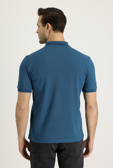 Erkek Giyim - ORTA PETROL S Beden Polo Yaka Slim Fit Nakışlı Tişört