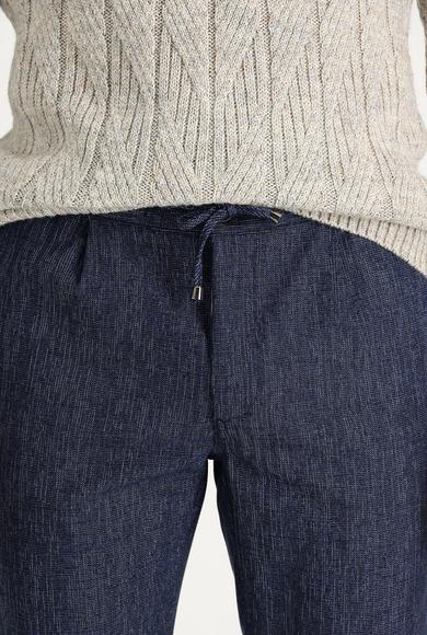 Erkek Giyim - ORTA LACİVERT 52 Beden Slim Fit Beli Lastikli İpli Desenli Spor Pantolon