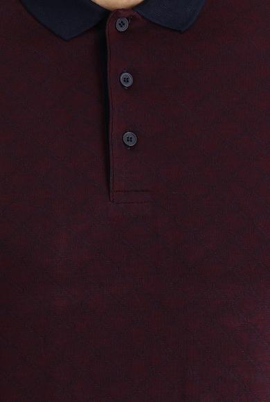 Erkek Giyim - AÇIK BORDO XL Beden Polo Yaka Slim Fit Desenli Tişört