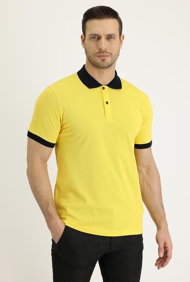 Erkek Giyim - LİMON SARI S Beden Polo Yaka Slim Fit Desenli Tişört