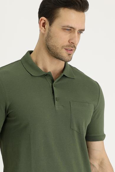 Erkek Giyim - ORTA HAKİ S Beden Polo Yaka Regular Fit Nakışlı Tişört