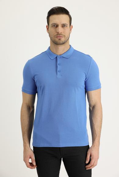 Erkek Giyim - HAVACI MAVİ 3X Beden Polo Yaka Slim Fit Nakışlı Tişört