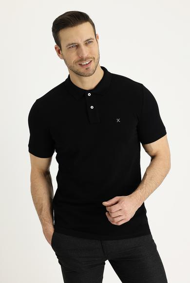 Erkek Giyim - SİYAH 3X Beden Polo Yaka Slim Fit Nakışlı Tişört