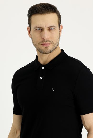 Erkek Giyim - SİYAH M Beden Polo Yaka Slim Fit Nakışlı Tişört