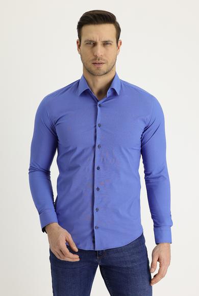 Erkek Giyim - KOYU LACİVERT L Beden Uzun Kol Desenli Gömlek