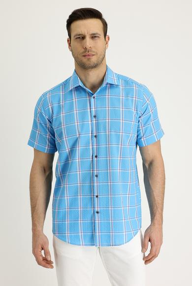 Erkek Giyim - ORTA TURKUAZ XL Beden Kısa Kol Ekose Gömlek